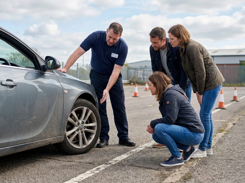 Instructeur expliquant les vérifications de sécurité automobile lors d'un stage de sensibilisation routière en extérieur