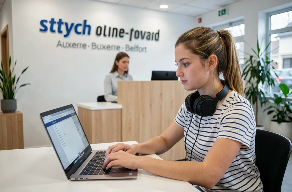 Une élève de Stych passant son code de la route en ligne dans une agence d'Auxerre ou Belfort