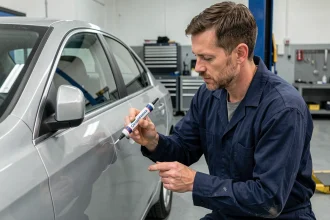 Technicien automobile appliquant un stylo retouche peinture sur une rayure de carrosserie dans un atelier professionnel