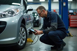 Technicien automobile lisant les codes défaut OBD sur une Peugeot 207 dans un atelier de réparation professionnel