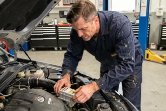 Technicien automobile inspectant le boîtier BSI sous le capot d'un véhicule diesel en atelier