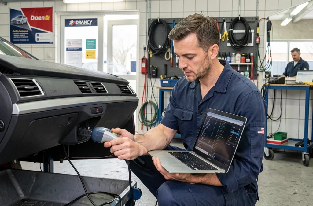 Technicien réalisant un diagnostic électronique avec scanner OBD dans un véhicule à l'atelier Technique Auto Drancy