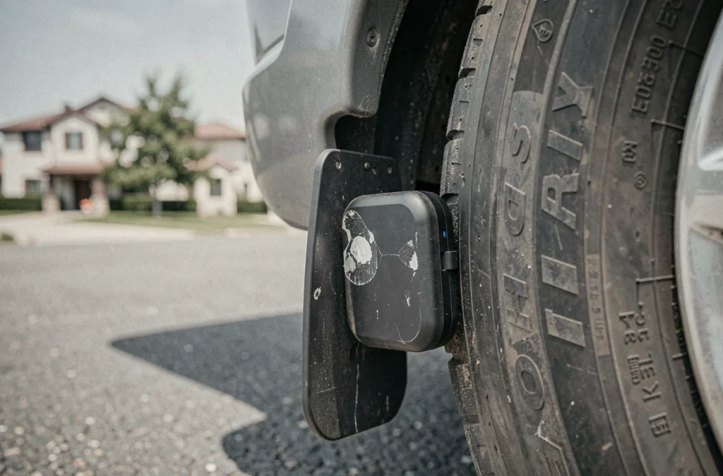 Traceur GPS dissimulé dans le passage de roue d'un camping-car, découvert lors d'une inspection de sécurité