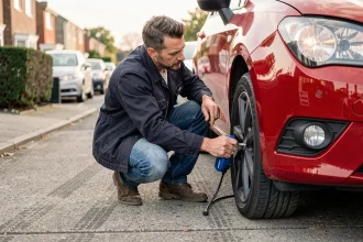 Homme vérifiant la pression des pneus d'une Seat Ibiza rouge avec un manomètre dans une rue résidentielle