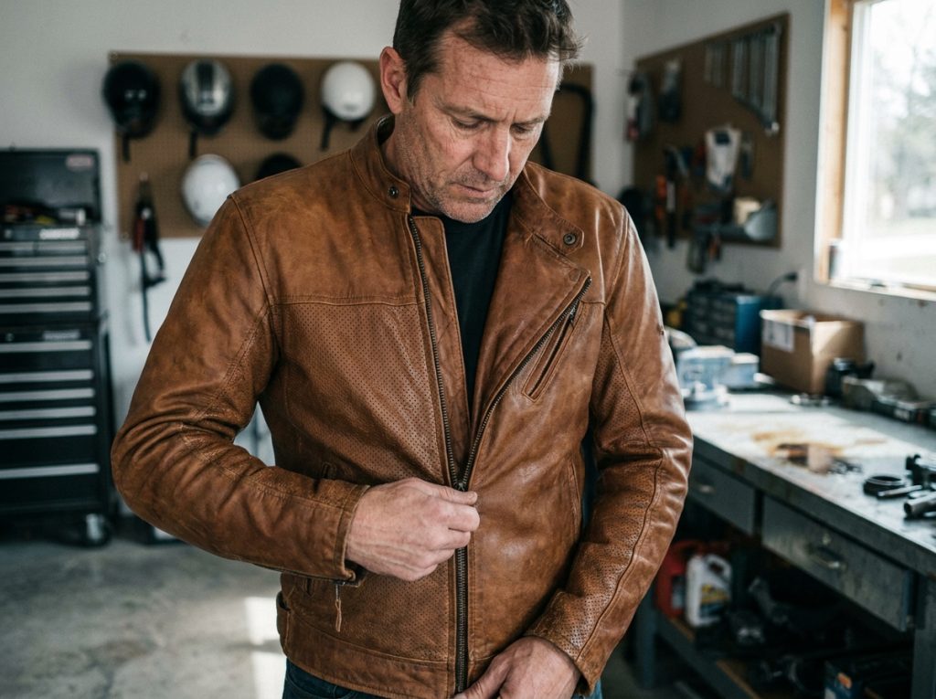 Homme dans les années 40 enfilant une veste moto en cuir marron vintage dans un atelier garage, avec détails perforés et zip asymétrique