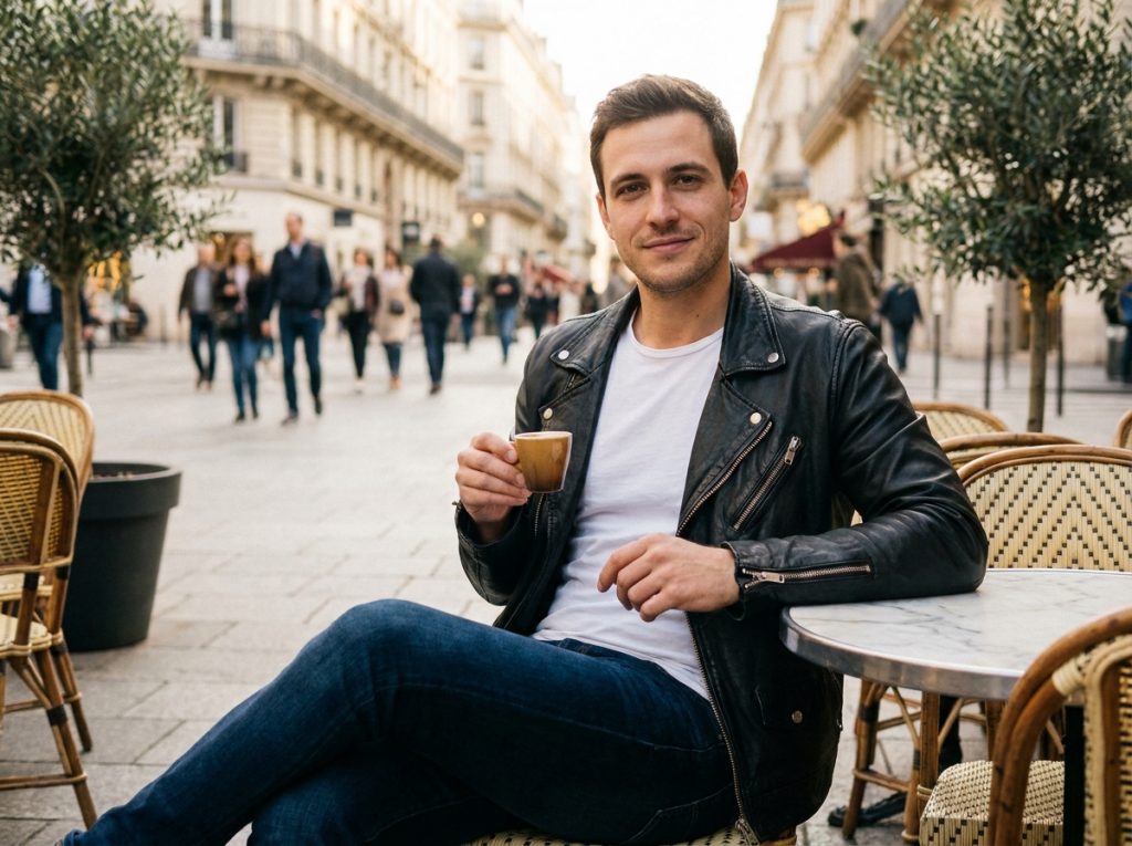 Jeune homme en veste moto cuir noir slim assis en terrasse de café parisien, style urbain quotidien avec jean et t-shirt blanc