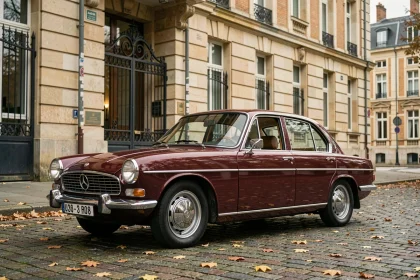 Voiture de collection française des années 1960 garée devant une préfecture pour immatriculation