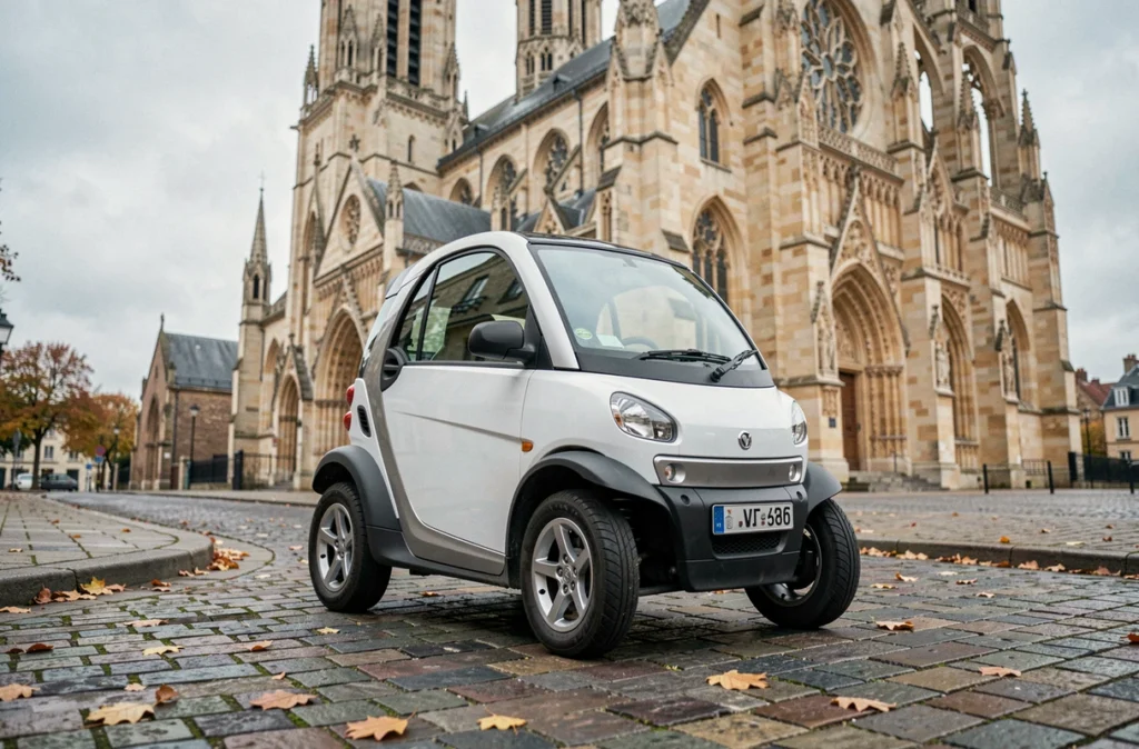 Voiture sans permis garée sur les pavés près de la cathédrale d'Amiens en automne