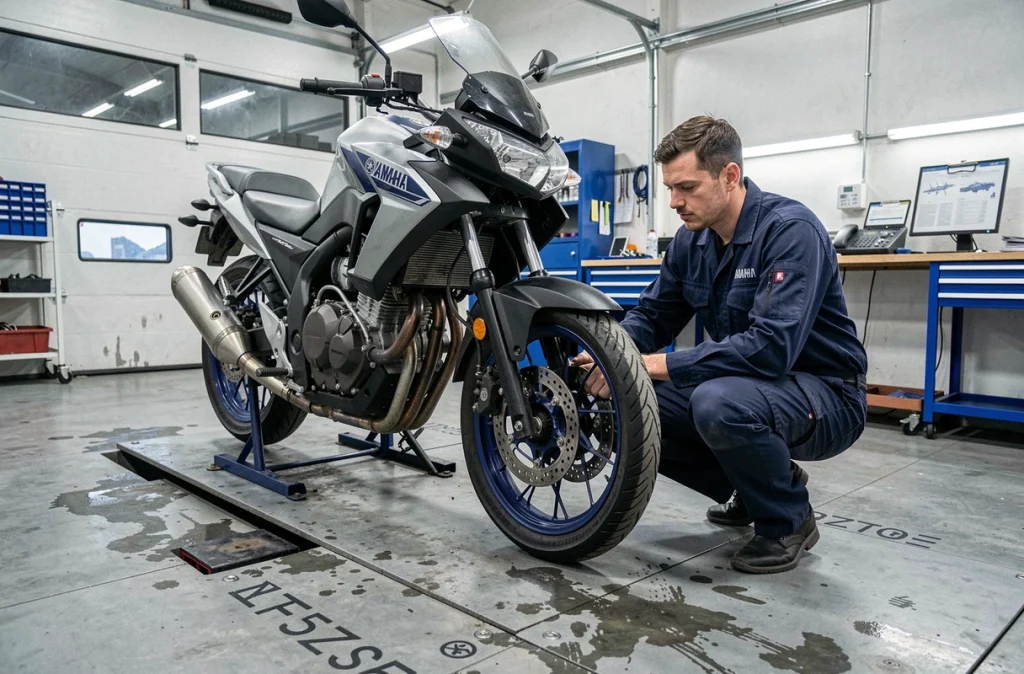 Contrôle technique d'une Yamaha MT-125 dans un centre d'inspection, technicien examinant le freinage du deux-roues